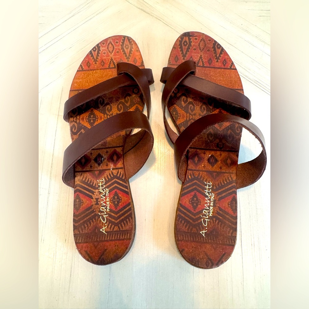 A. Giannetti Aztec-Inspired Brown Leather Sandals – Made in Italy – Women’s Sz 8
